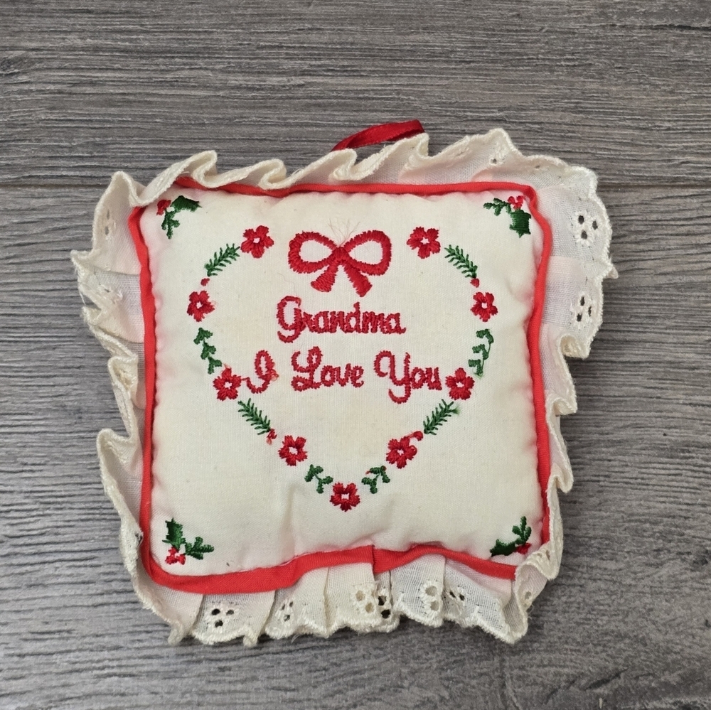 80's Handmade Grandma I Love You Fabric Ornament Stuffed Unique Lace Embroidered